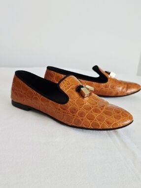 Giuseppe Zanotti Tan Croc-Embossed Leather Slip-On Loafers with Gold Hardware